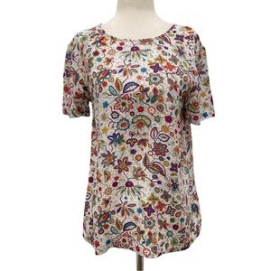 YMC Floral Silk White Combo Short Sleeve Top Size UK 8 US Small